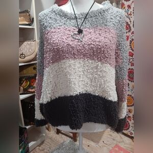 Hippie rose size xl color block stripes fuzzy sweater, pink , white , black EUC
